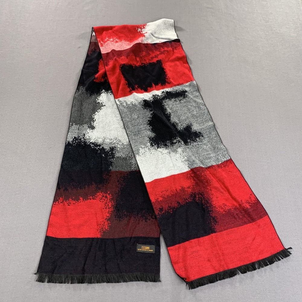 Steven Land Scarf Mens‎ One Size Red Black Abstract Colorblock Fringe Viscose